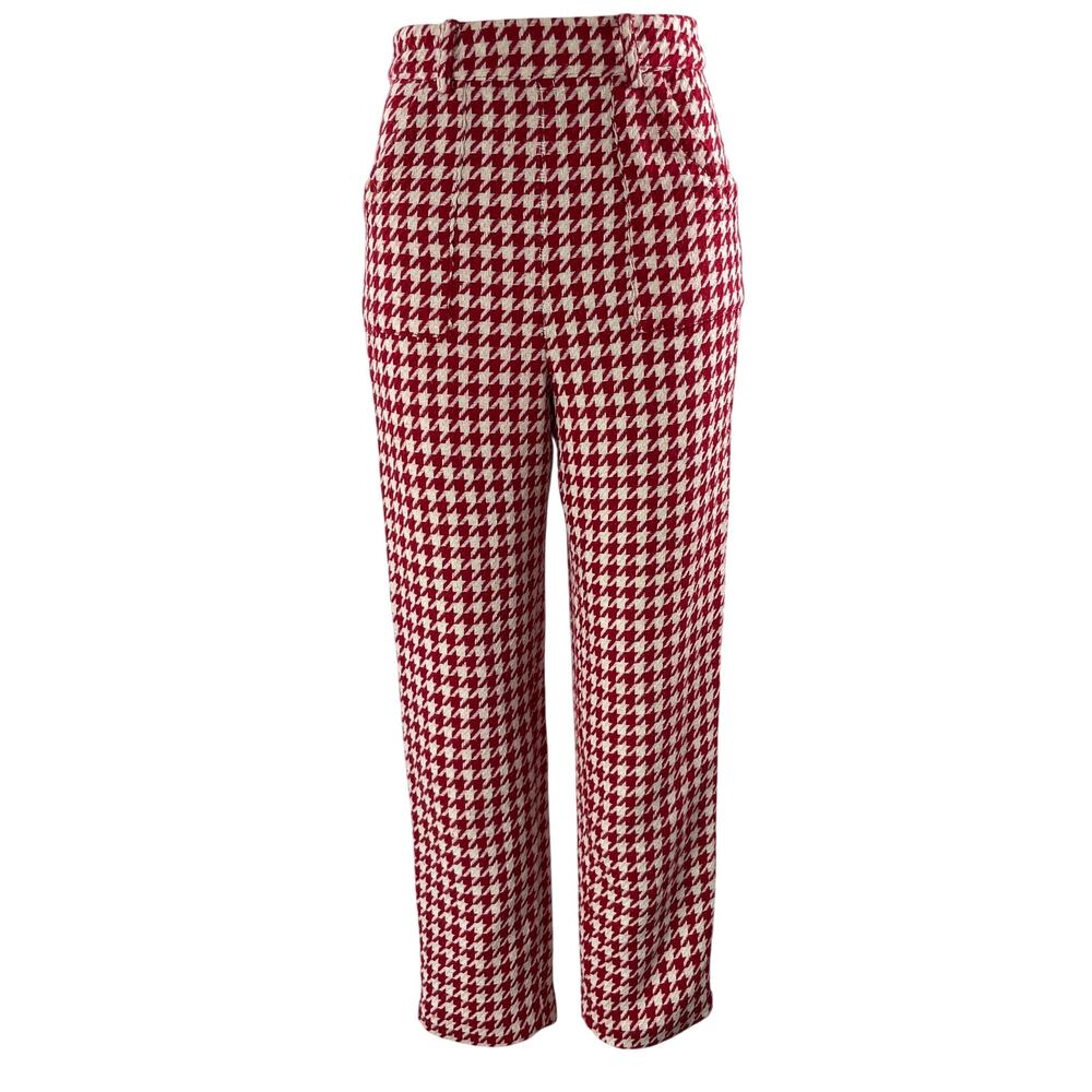 Lovers + Friends Red High Rise Houndstooth Straight Cropped Trousers Pants XXS